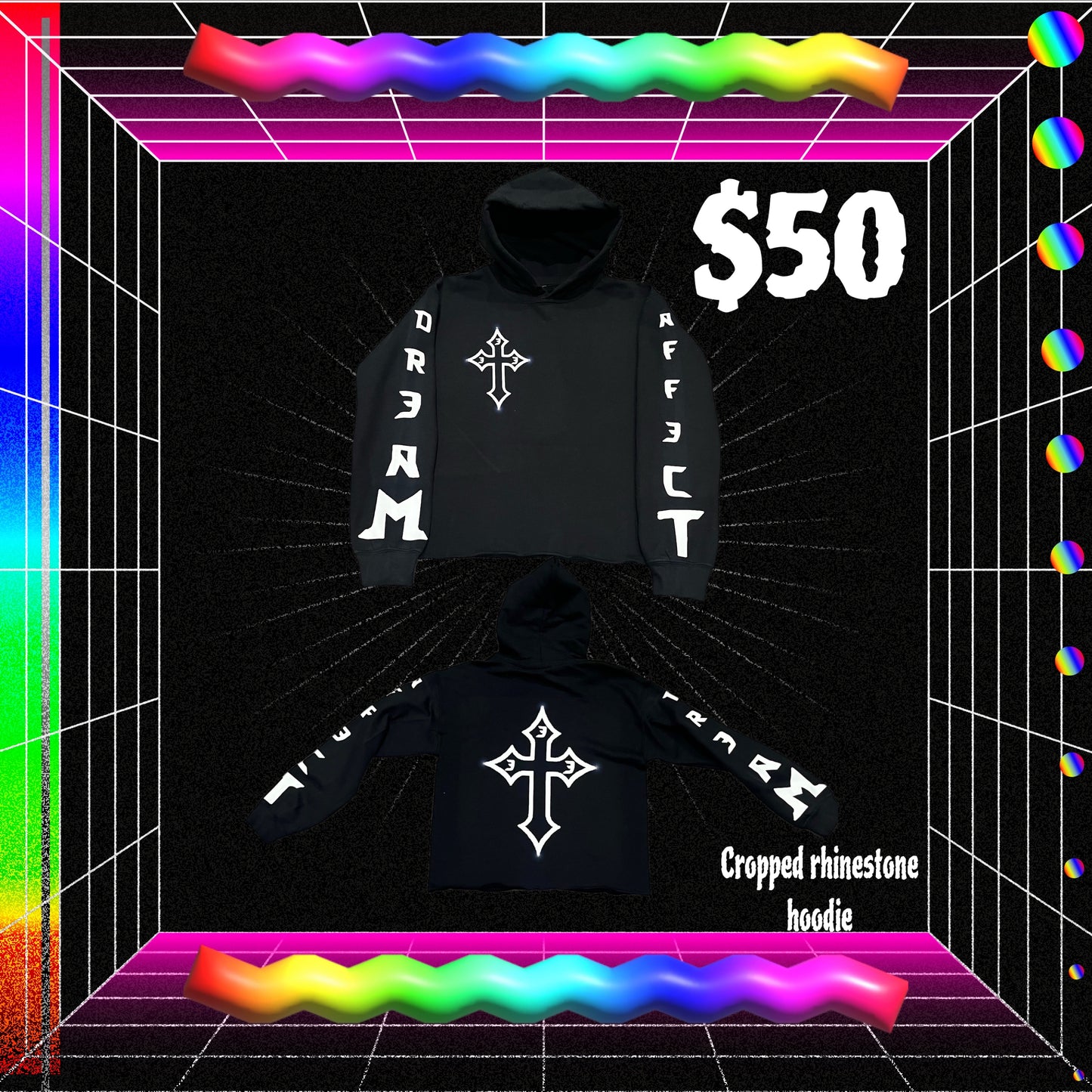 Black/white Cropped rhinestone hoodie