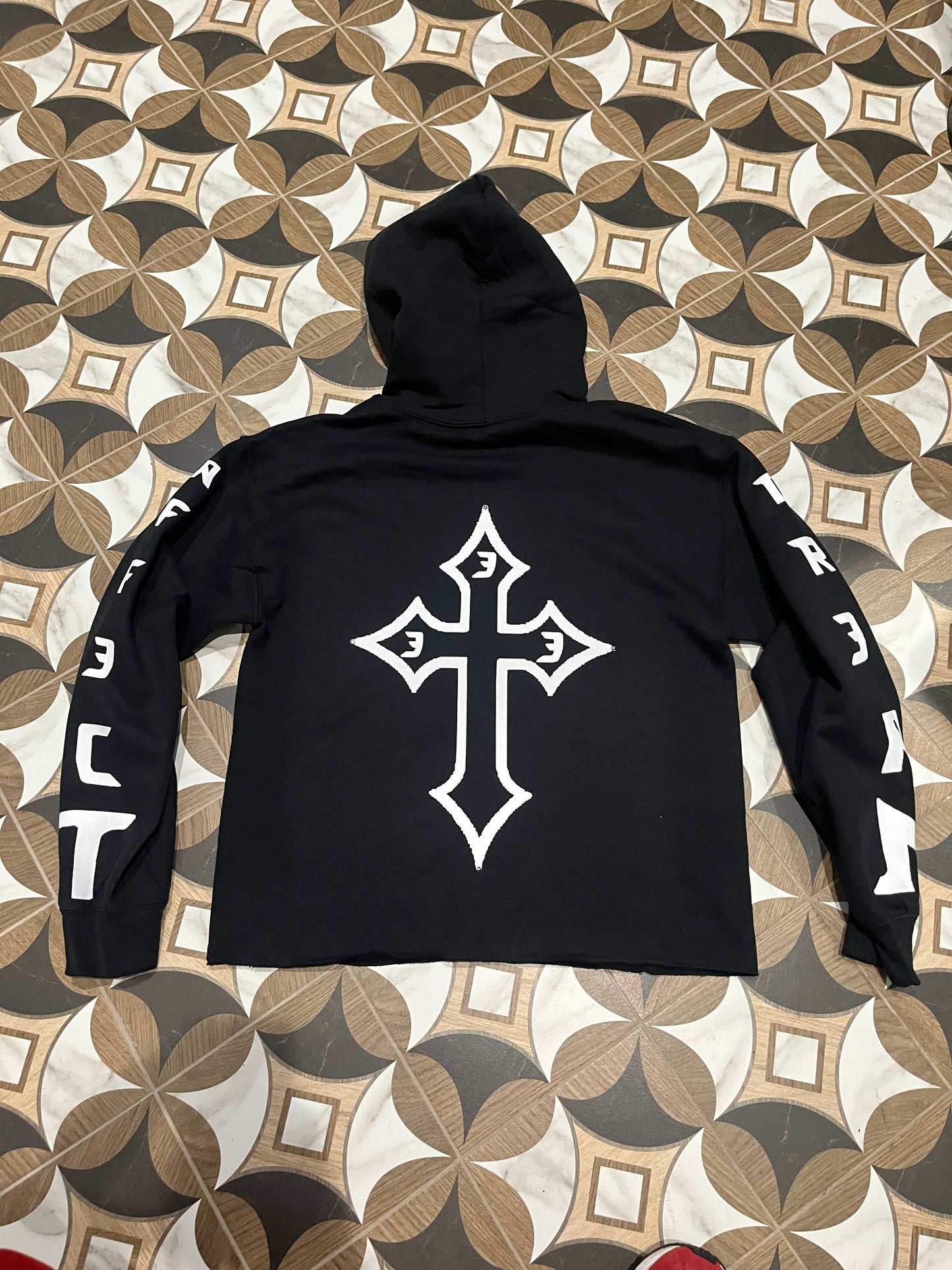 Black/white Cropped rhinestone hoodie