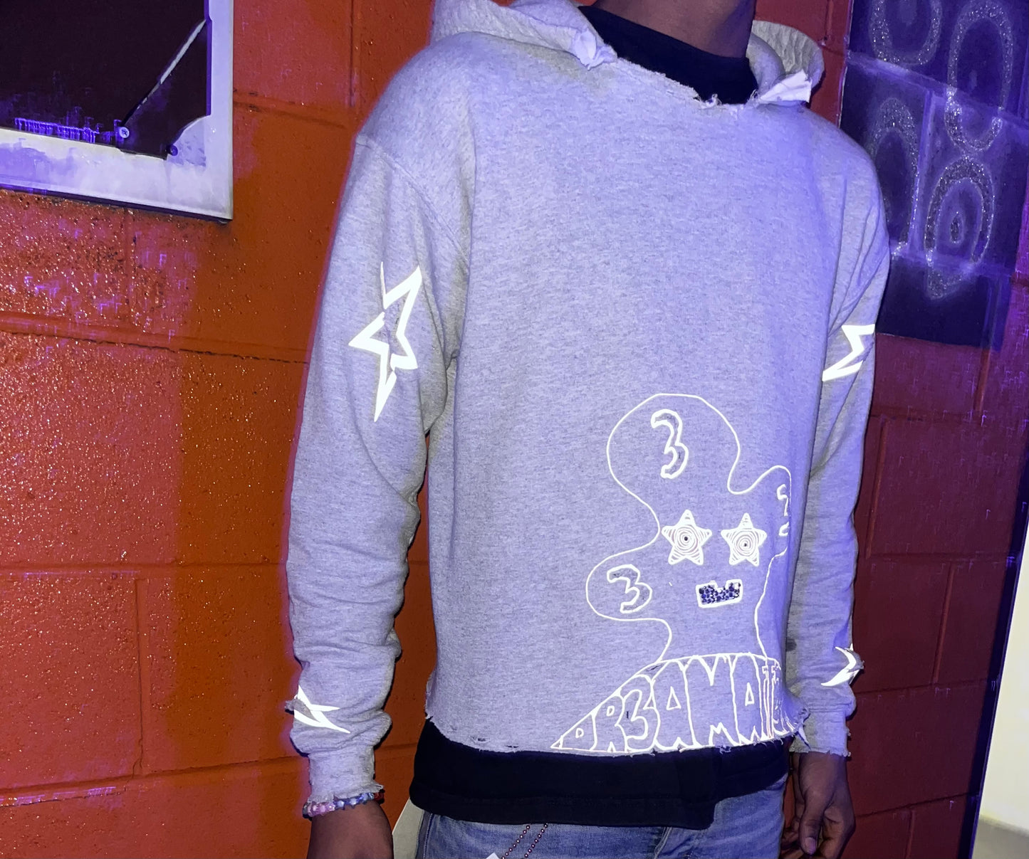 Gray/black reflective rhinestone cropped hoodie slightly distressed