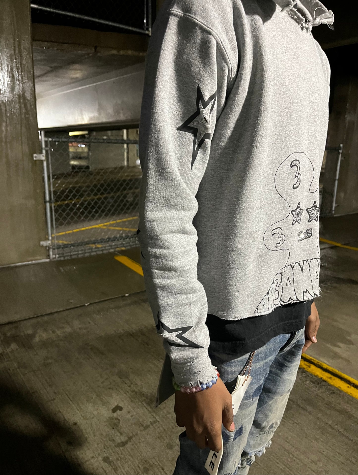 Gray/black reflective rhinestone cropped hoodie slightly distressed