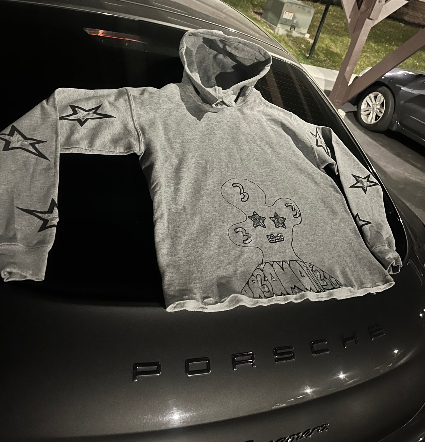 Gray/black reflective rhinestone cropped hoodie slightly distressed