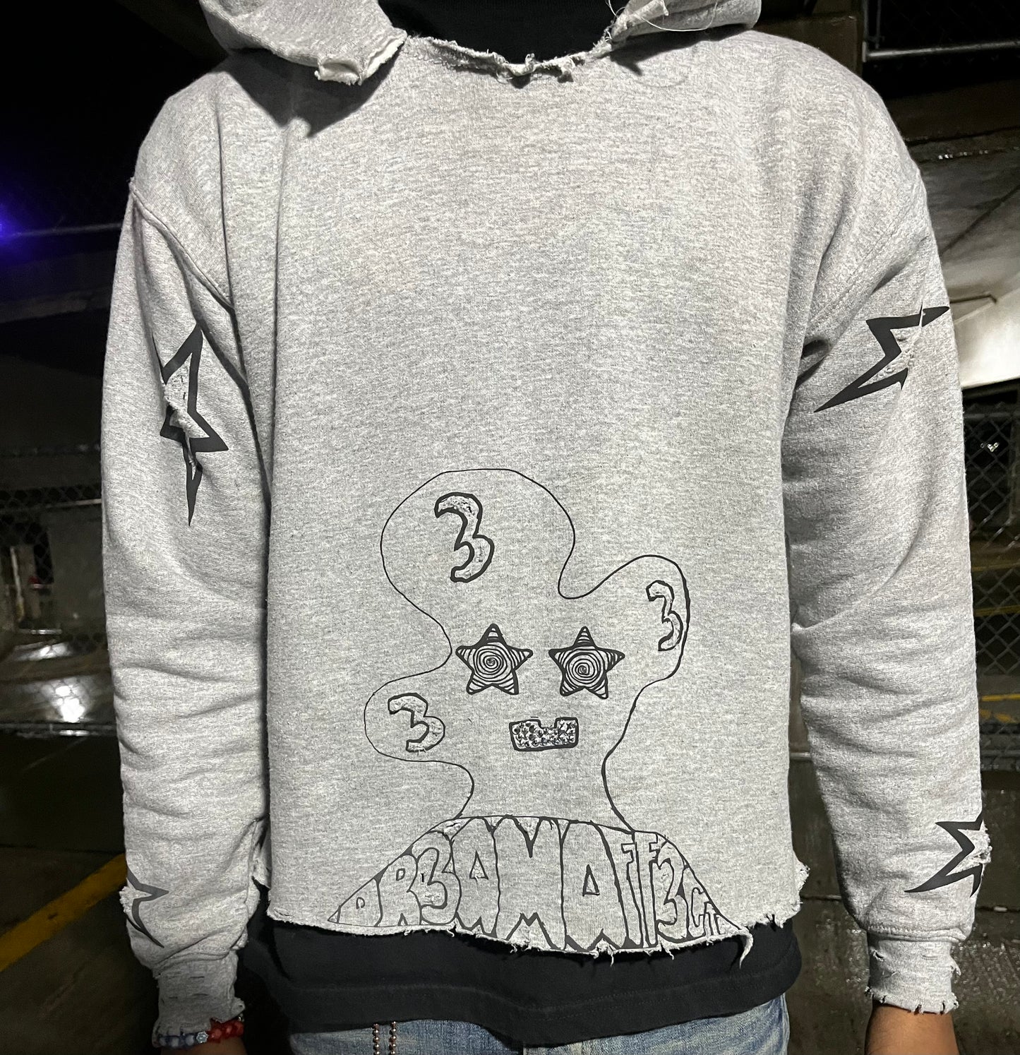 Gray/black reflective rhinestone cropped hoodie slightly distressed