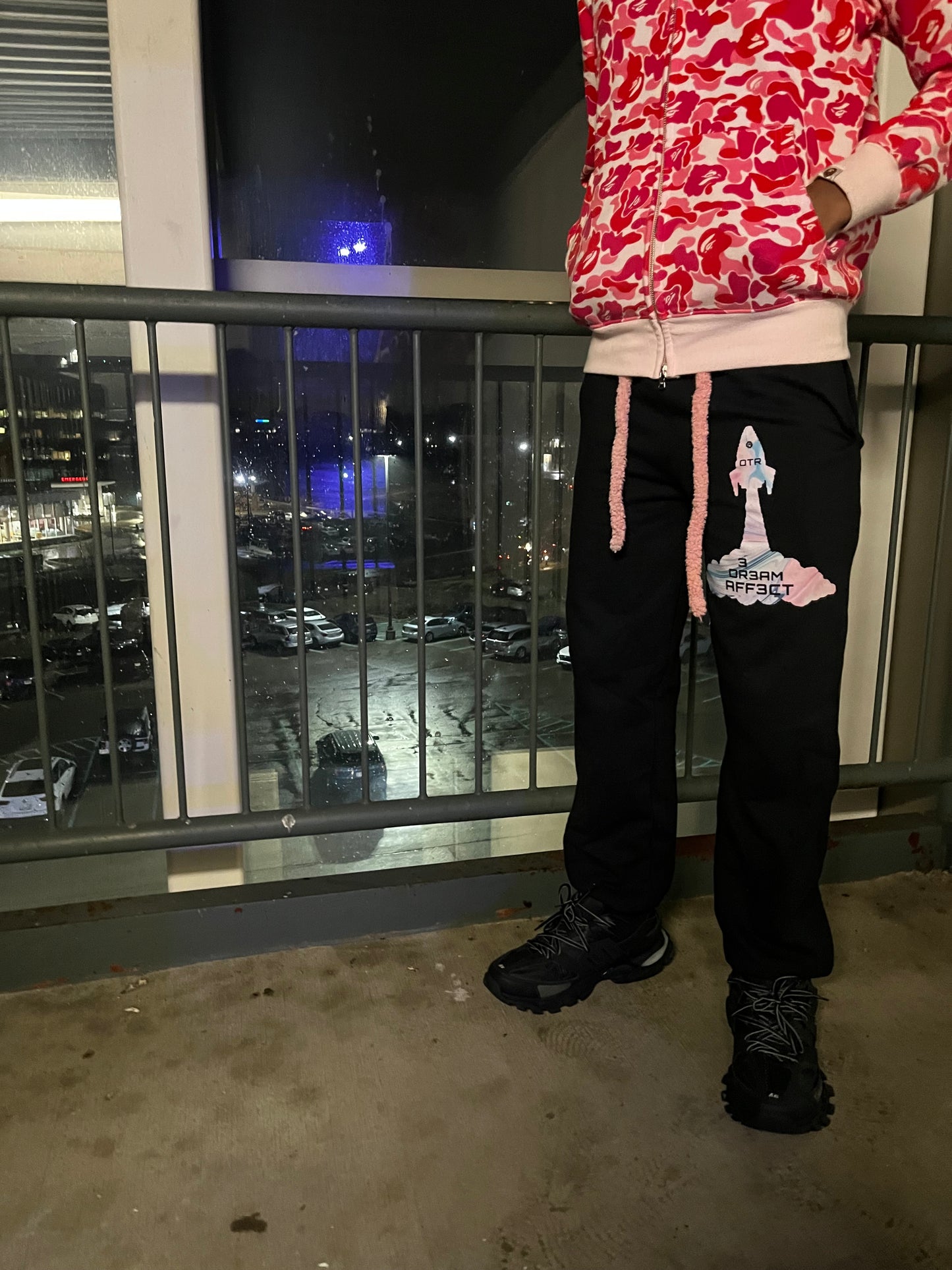 Fuzzy string rhinestone sweats