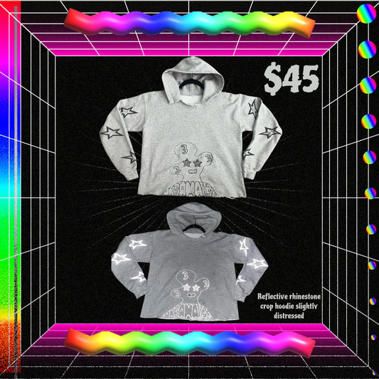 Gray/black reflective rhinestone cropped hoodie slightly distressed