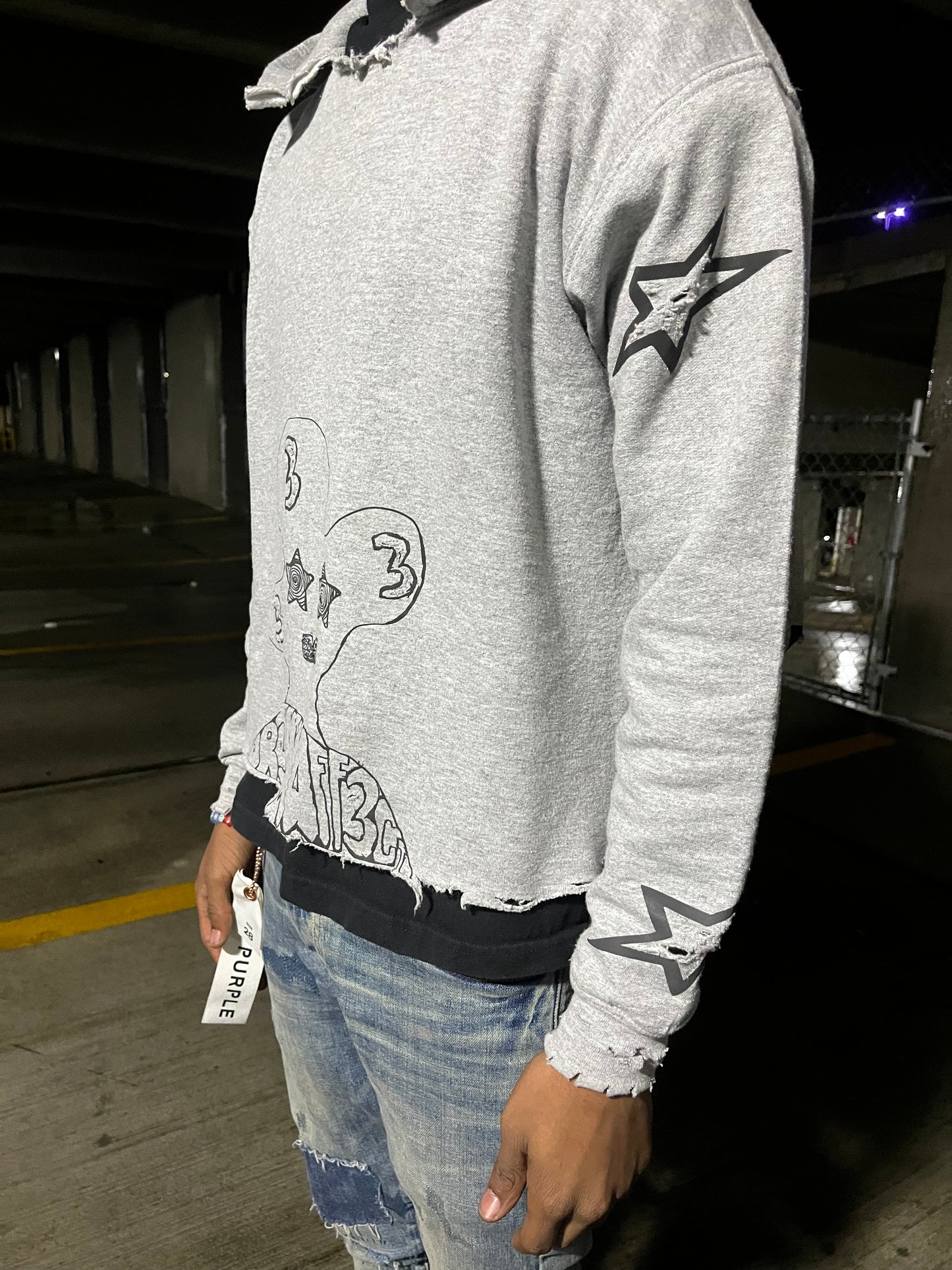 Gray/black reflective rhinestone cropped hoodie slightly distressed