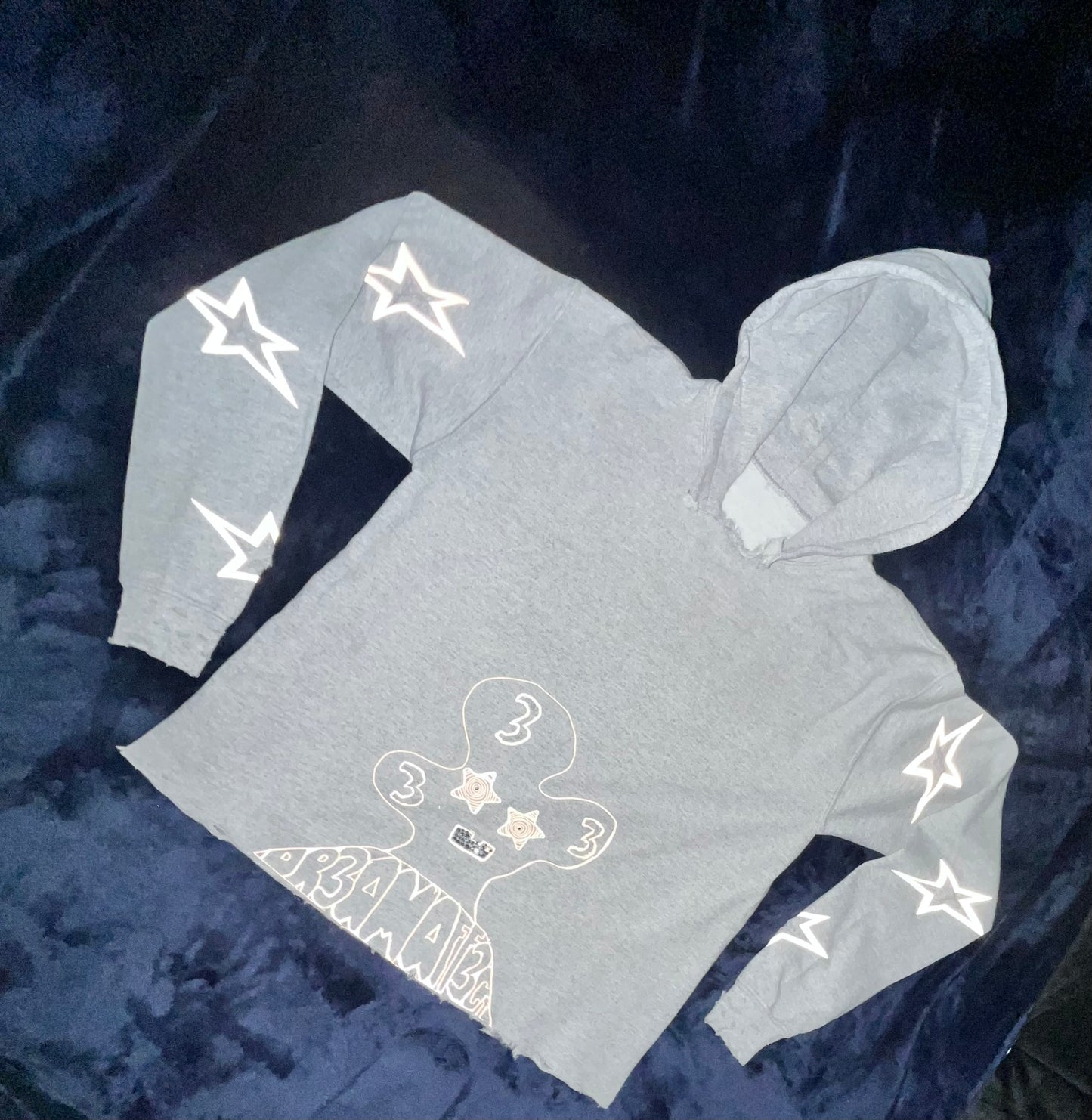 Gray/black reflective rhinestone cropped hoodie slightly distressed